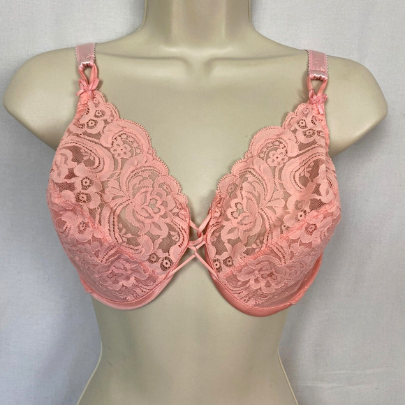 Vintage Victorias Secret Gold Label Bra 36DD Pink Sheer Lace Underwire 90s Y2K - Picture 1 of 10